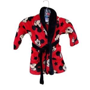 Disney Toddler Mickey Mouse Plush Robe size 2T Attached belt. Red Black